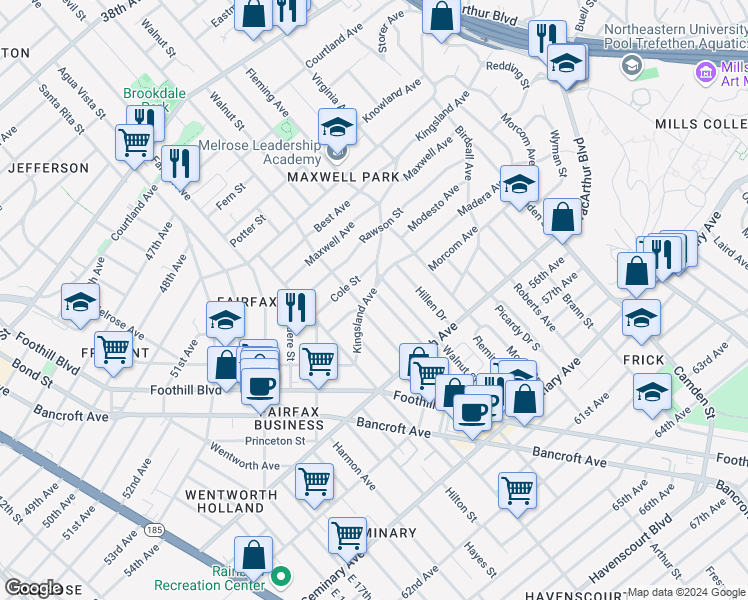 map of restaurants, bars, coffee shops, grocery stores, and more near 2622 Kingsland Avenue in Oakland