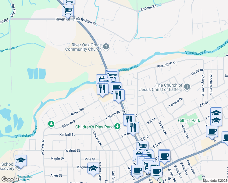 map of restaurants, bars, coffee shops, grocery stores, and more near 780 North Yosemite Avenue in Oakdale