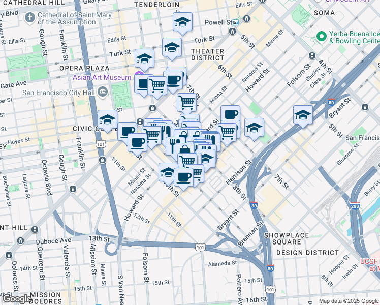 map of restaurants, bars, coffee shops, grocery stores, and more near 1208 Howard Street in San Francisco