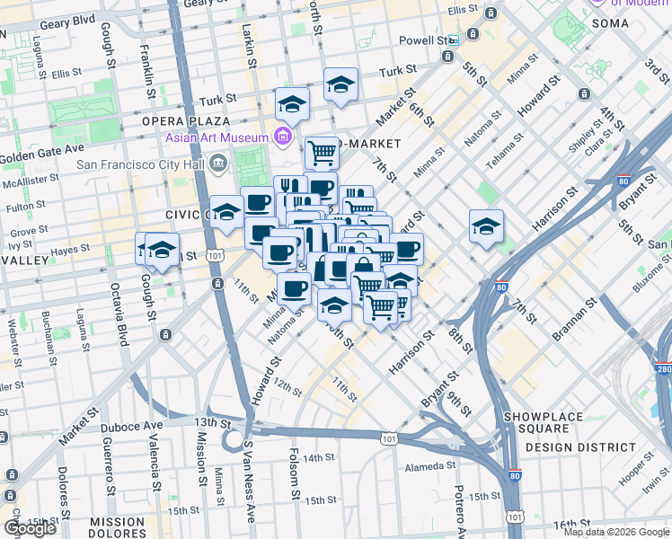 map of restaurants, bars, coffee shops, grocery stores, and more near 149 9th Street in San Francisco
