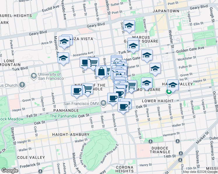 map of restaurants, bars, coffee shops, grocery stores, and more near Broderick St & Grove St in San Francisco