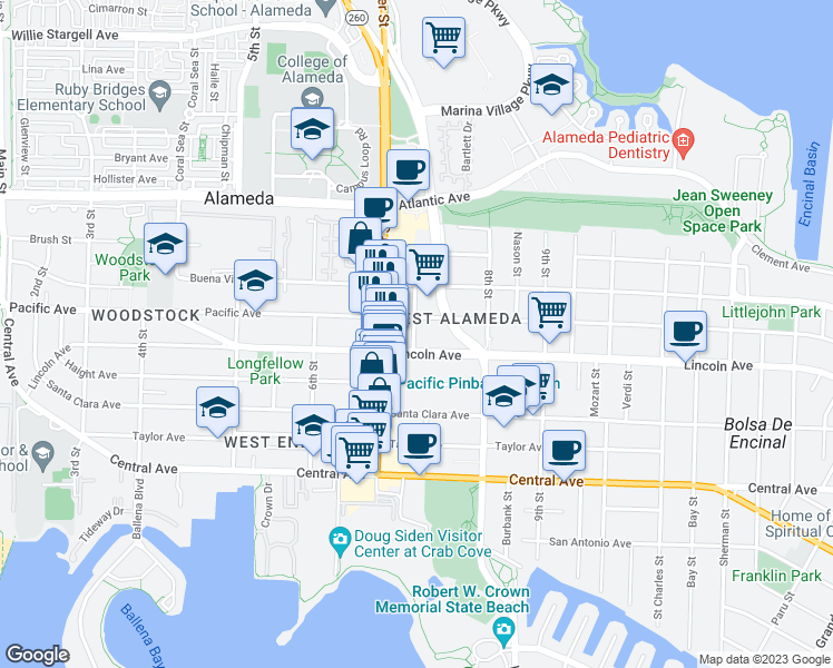 map of restaurants, bars, coffee shops, grocery stores, and more near 1612 Concordia Street in Alameda