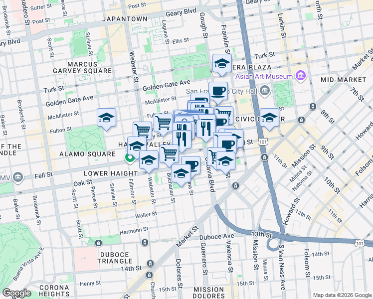map of restaurants, bars, coffee shops, grocery stores, and more near 542 Laguna Street in San Francisco