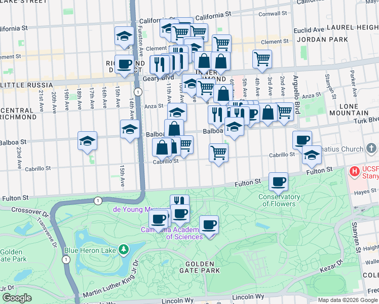 map of restaurants, bars, coffee shops, grocery stores, and more near 670 10th Avenue in San Francisco