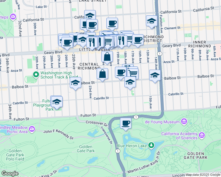 map of restaurants, bars, coffee shops, grocery stores, and more near 623 20th Avenue in San Francisco