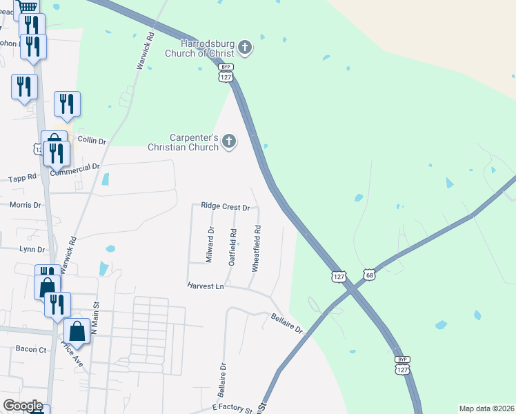 map of restaurants, bars, coffee shops, grocery stores, and more near 930 Wheatfield Road in Harrodsburg