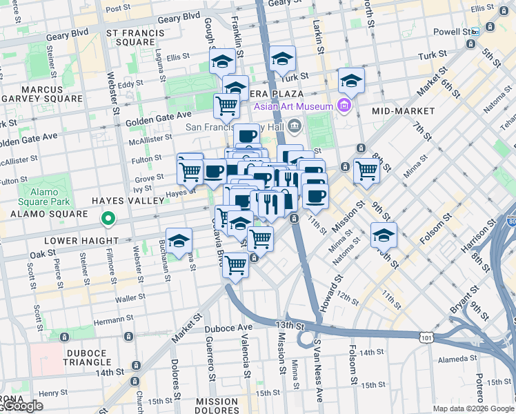 map of restaurants, bars, coffee shops, grocery stores, and more near 120 Hickory Street in San Francisco