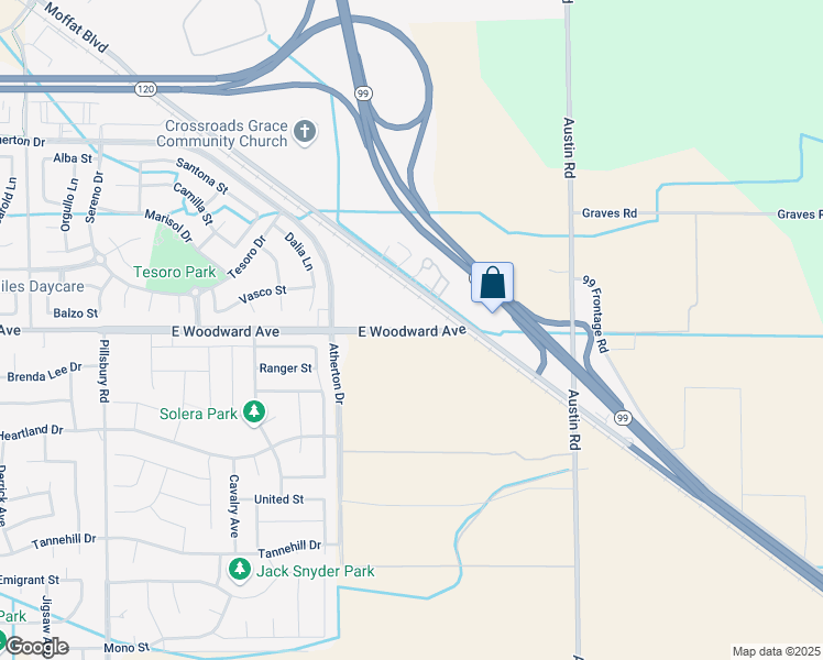 map of restaurants, bars, coffee shops, grocery stores, and more near 2401 East Woodward Avenue in Manteca