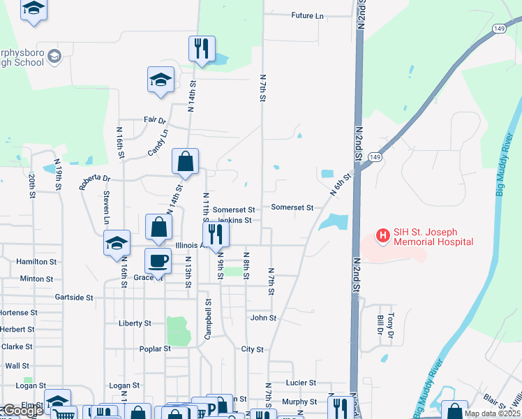 map of restaurants, bars, coffee shops, grocery stores, and more near 800 Somerset Street in Murphysboro