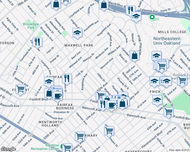 map of restaurants, bars, coffee shops, grocery stores, and more near 5344 Walnut Street in Oakland