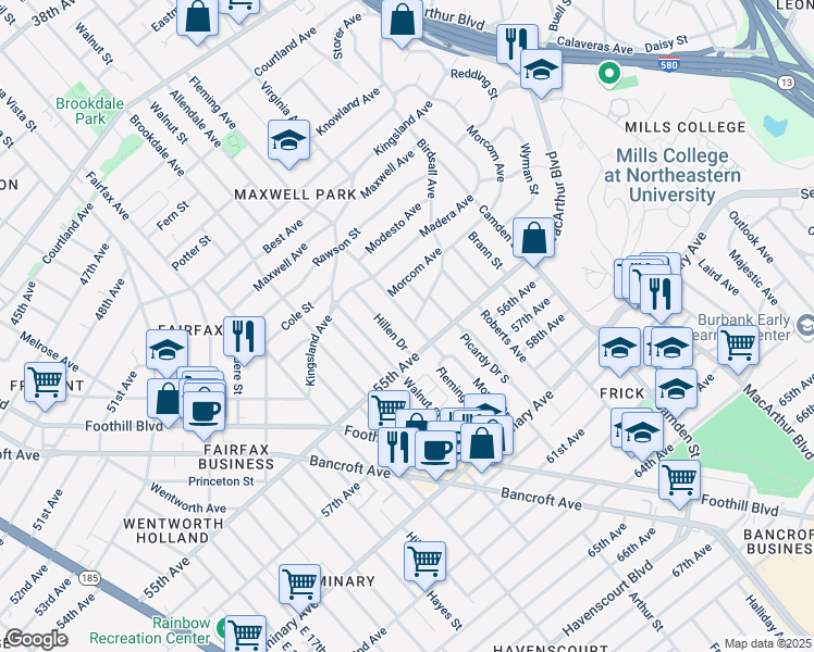 map of restaurants, bars, coffee shops, grocery stores, and more near 5353 Fleming Avenue in Oakland