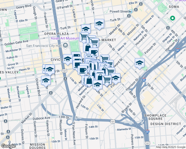map of restaurants, bars, coffee shops, grocery stores, and more near 1321 Mission Street in San Francisco