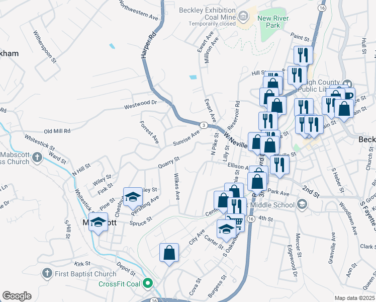 map of restaurants, bars, coffee shops, grocery stores, and more near 127 Quarry Street in Beckley