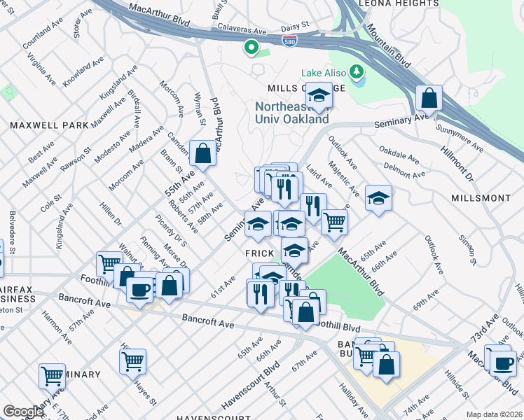 map of restaurants, bars, coffee shops, grocery stores, and more near 30 Murdock Court in Oakland