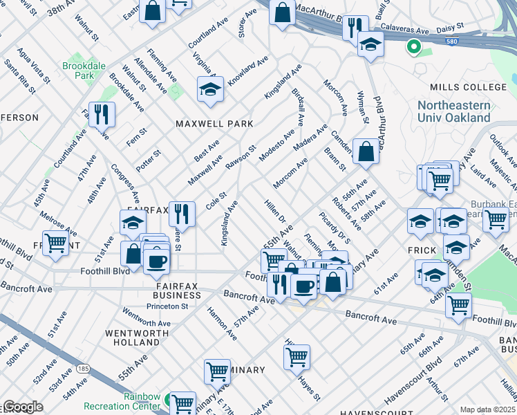 map of restaurants, bars, coffee shops, grocery stores, and more near 5344 Walnut Street in Oakland