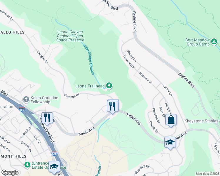 map of restaurants, bars, coffee shops, grocery stores, and more near 770 Canyon Oaks Drive in Oakland