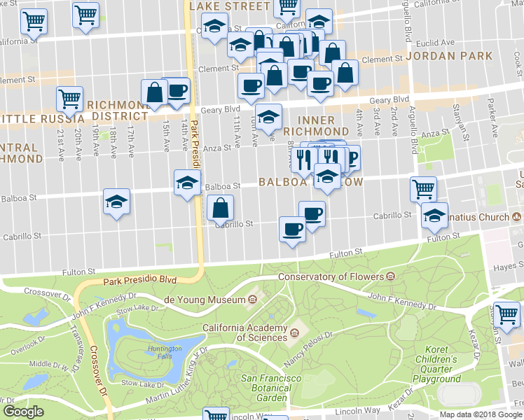 map of restaurants, bars, coffee shops, grocery stores, and more near 670 10th Avenue in San Francisco