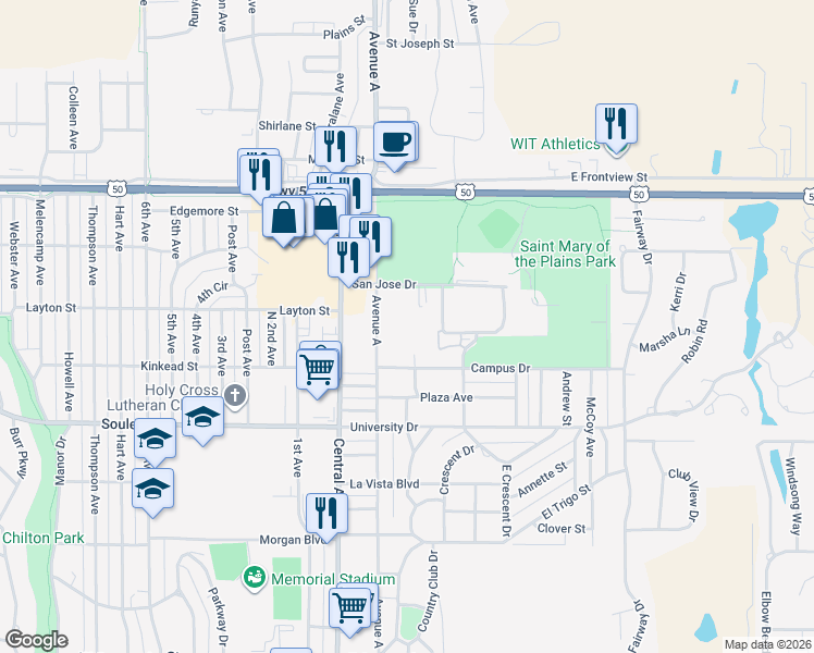 map of restaurants, bars, coffee shops, grocery stores, and more near 200 Campus Drive in Dodge City