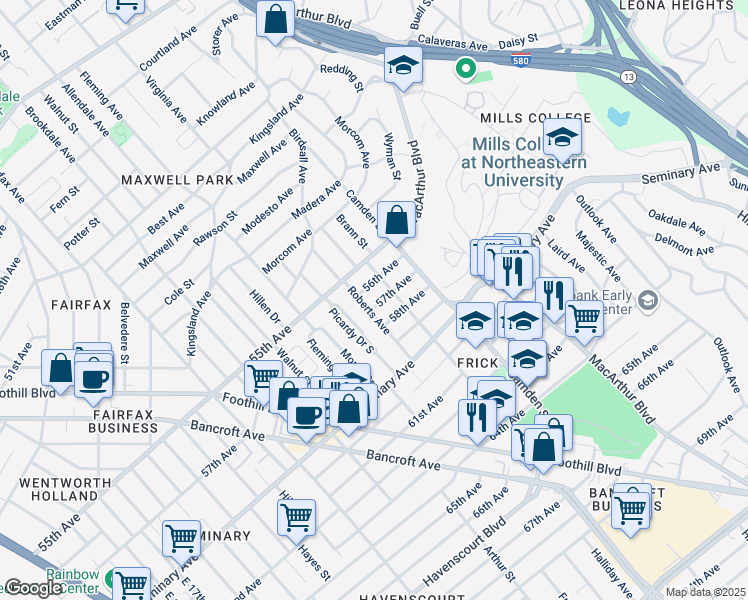 map of restaurants, bars, coffee shops, grocery stores, and more near 2939 57th Avenue in Oakland