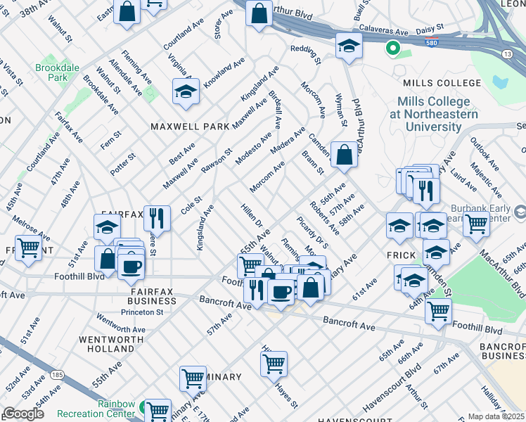 map of restaurants, bars, coffee shops, grocery stores, and more near 5353 Fleming Avenue in Oakland