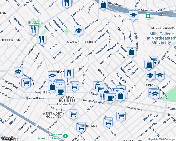 map of restaurants, bars, coffee shops, grocery stores, and more near 2650 Kingsland Avenue in Oakland