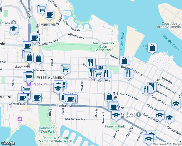 map of restaurants, bars, coffee shops, grocery stores, and more near 1135 Pacific Avenue in Alameda