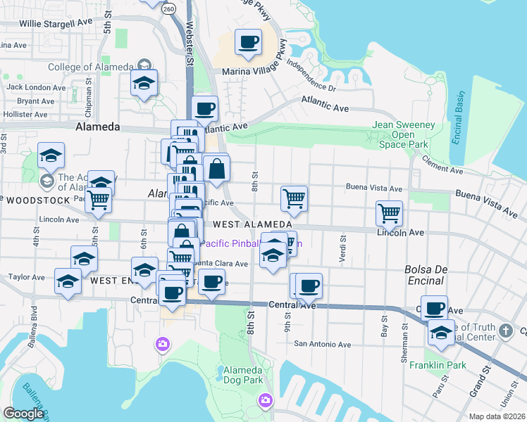 map of restaurants, bars, coffee shops, grocery stores, and more near 800 Pacific Avenue in Alameda