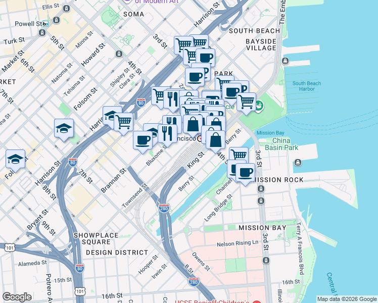 map of restaurants, bars, coffee shops, grocery stores, and more near in San Francisco