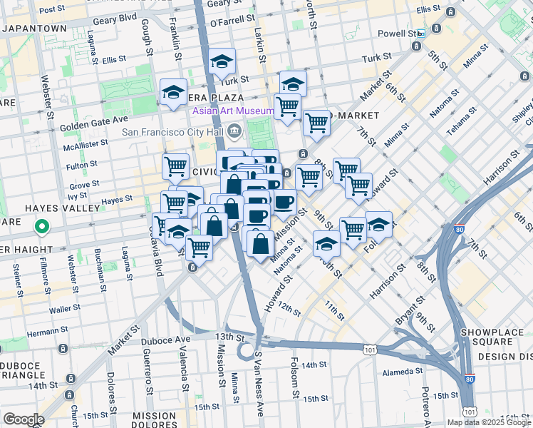 map of restaurants, bars, coffee shops, grocery stores, and more near 9 Fell Street in San Francisco
