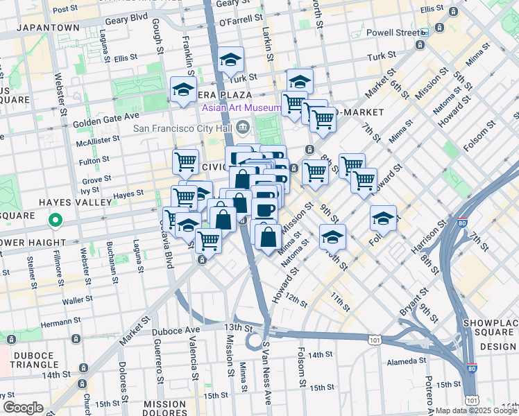 map of restaurants, bars, coffee shops, grocery stores, and more near 9 Fell Street in San Francisco