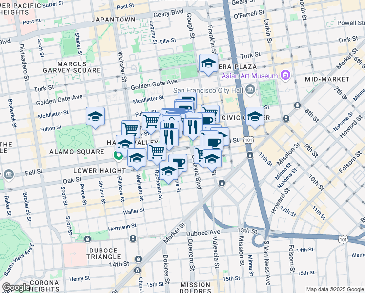 map of restaurants, bars, coffee shops, grocery stores, and more near 562 Hayes Street in San Francisco