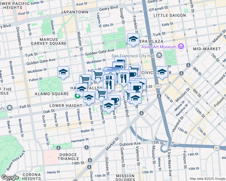 map of restaurants, bars, coffee shops, grocery stores, and more near 562 Hayes Street in San Francisco