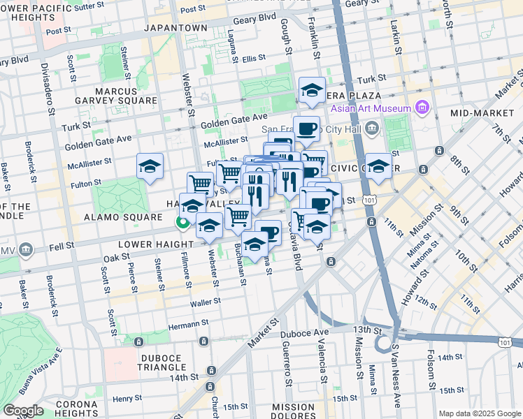map of restaurants, bars, coffee shops, grocery stores, and more near 542 Laguna Street in San Francisco