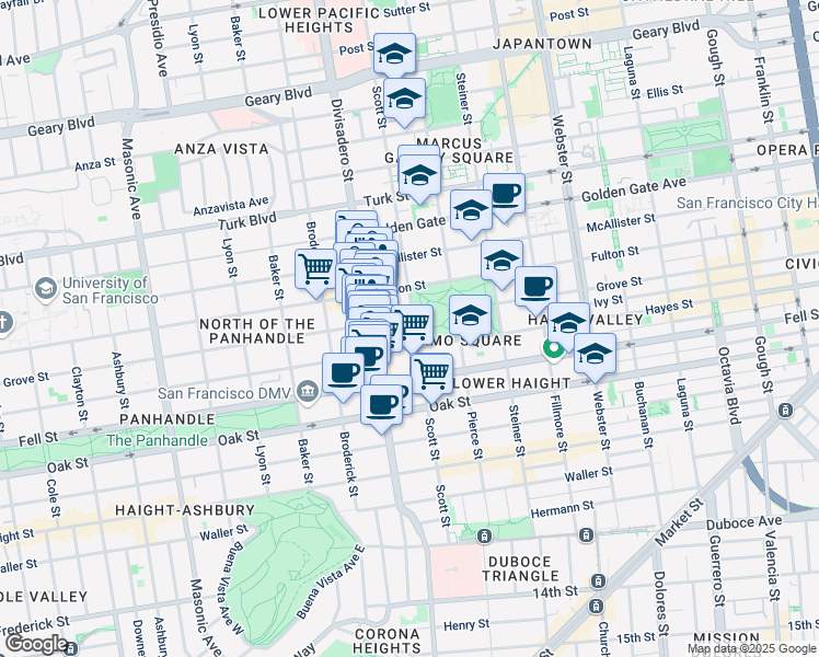 map of restaurants, bars, coffee shops, grocery stores, and more near 651 B Scott Street in San Francisco