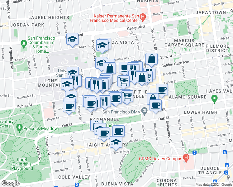map of restaurants, bars, coffee shops, grocery stores, and more near 1706 Fulton Street in San Francisco