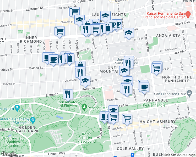 map of restaurants, bars, coffee shops, grocery stores, and more near 33 Paramount Terrace in San Francisco