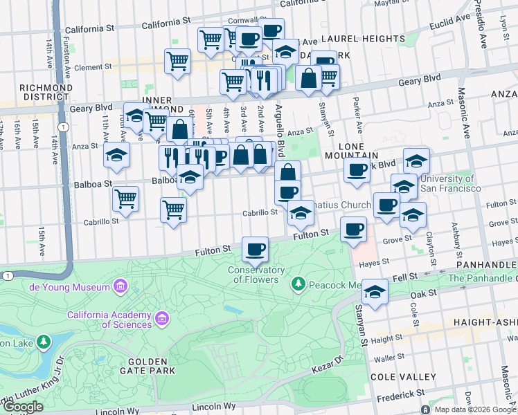 map of restaurants, bars, coffee shops, grocery stores, and more near 675 2nd Avenue in San Francisco