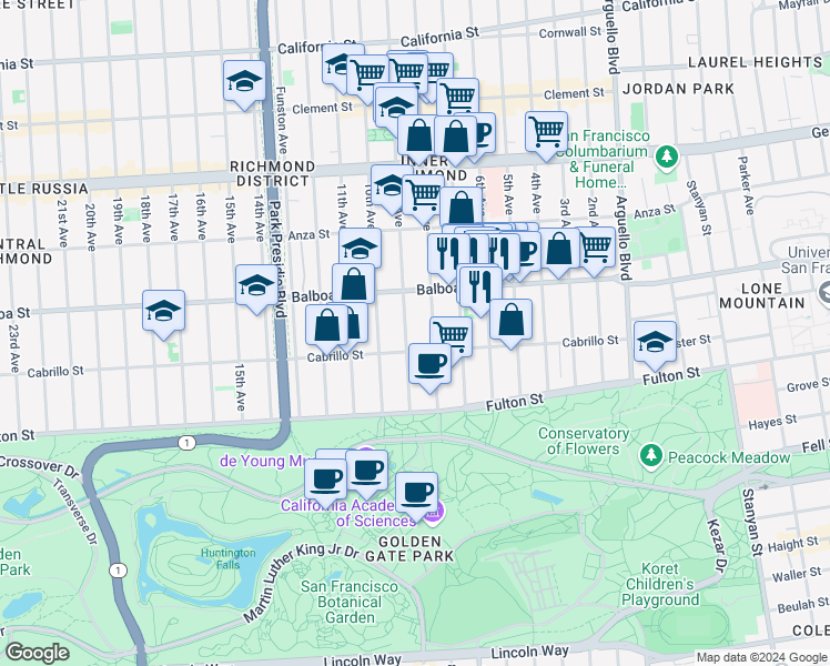 map of restaurants, bars, coffee shops, grocery stores, and more near 655 9th Avenue in San Francisco