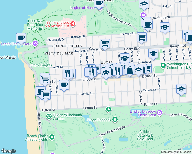 map of restaurants, bars, coffee shops, grocery stores, and more near 675 41st Avenue in San Francisco