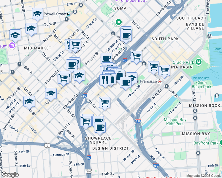 map of restaurants, bars, coffee shops, grocery stores, and more near 150 Morris Street in San Francisco