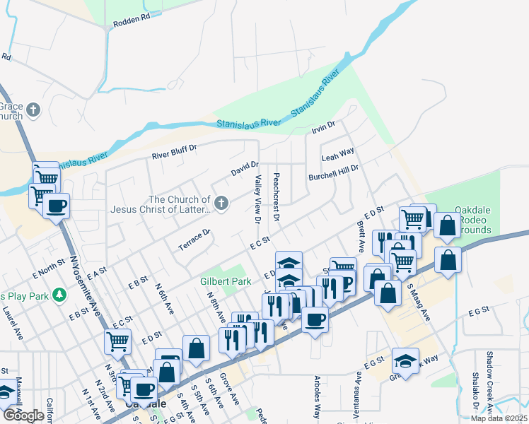 map of restaurants, bars, coffee shops, grocery stores, and more near 473 Valley View Drive in Oakdale