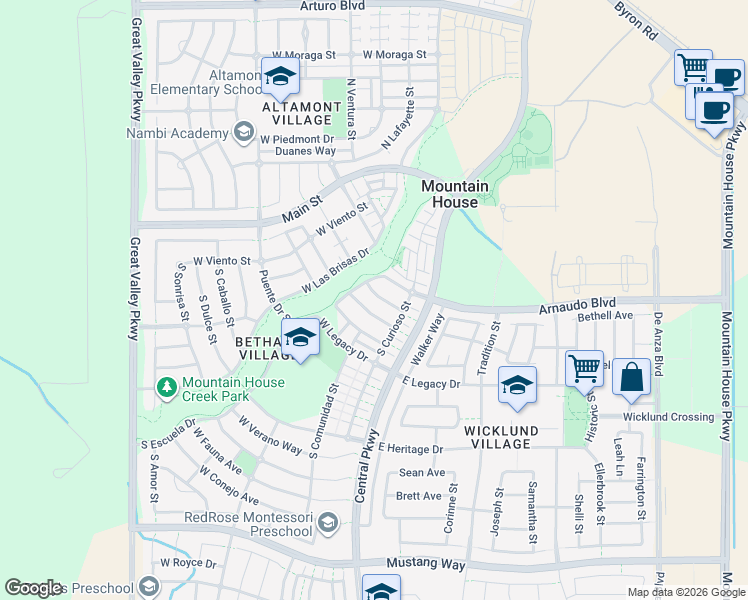 map of restaurants, bars, coffee shops, grocery stores, and more near 201 Terraza Way in Mountain House
