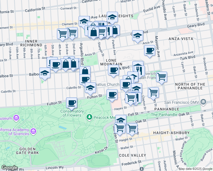 map of restaurants, bars, coffee shops, grocery stores, and more near 33 Paramount Terrace in San Francisco
