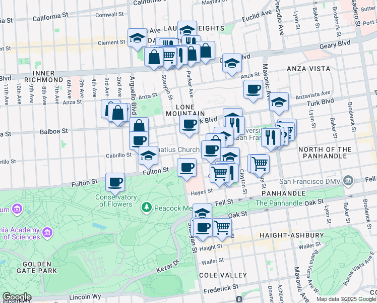 map of restaurants, bars, coffee shops, grocery stores, and more near 2546 McAllister Street in San Francisco