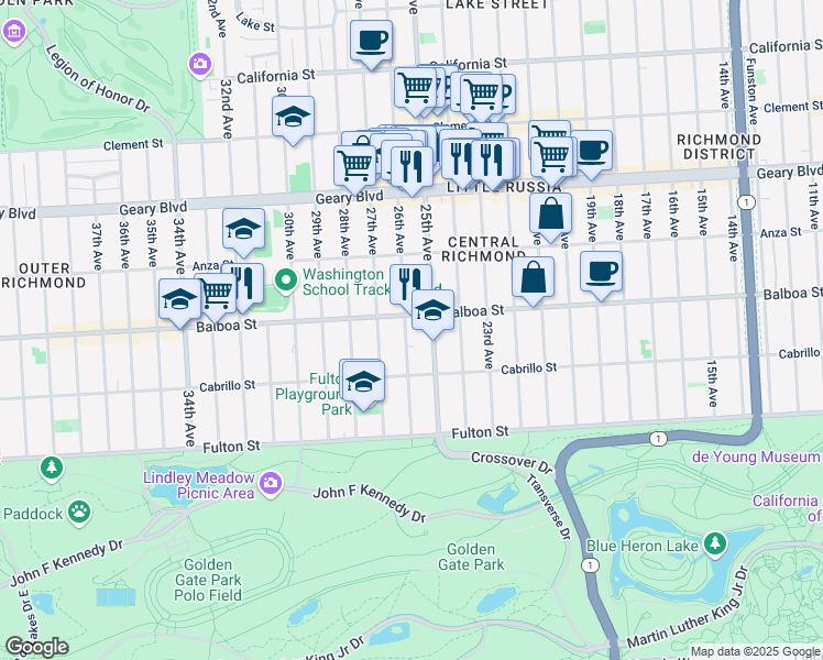 map of restaurants, bars, coffee shops, grocery stores, and more near 731 26th Avenue in San Francisco