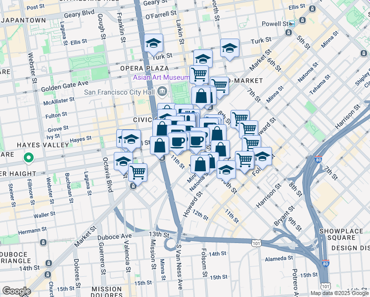 map of restaurants, bars, coffee shops, grocery stores, and more near 1 10th Street in San Francisco