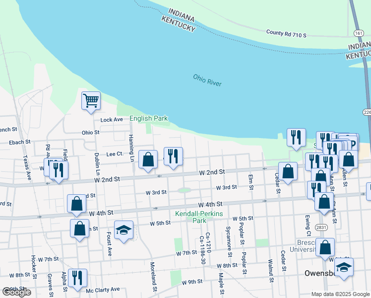 map of restaurants, bars, coffee shops, grocery stores, and more near 26 Plum St in Owensboro