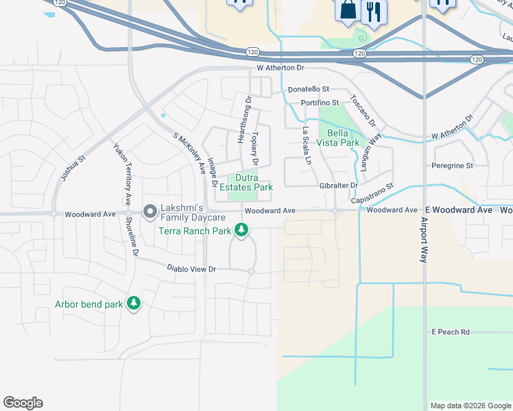 map of restaurants, bars, coffee shops, grocery stores, and more near 2640 Ancestry Street in Manteca