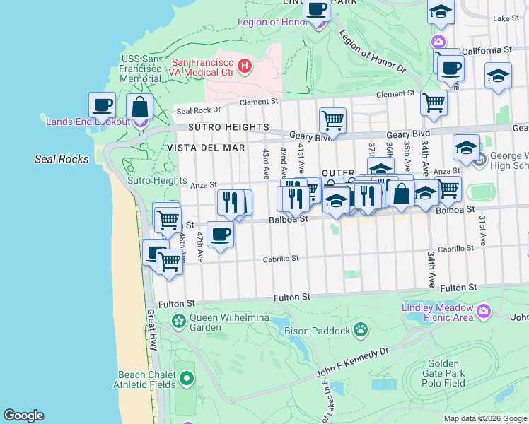 map of restaurants, bars, coffee shops, grocery stores, and more near 670 43rd Avenue in San Francisco