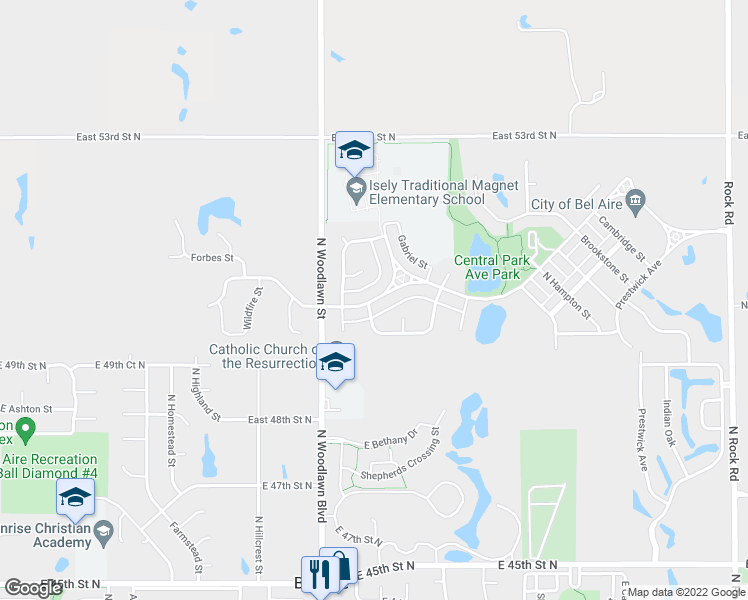 map of restaurants, bars, coffee shops, grocery stores, and more near 5875 East Central Park Avenue in Bel Aire